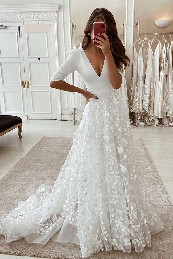 White Long V-neck Lace A-line Side Split Wedding Dresses with Sleeves