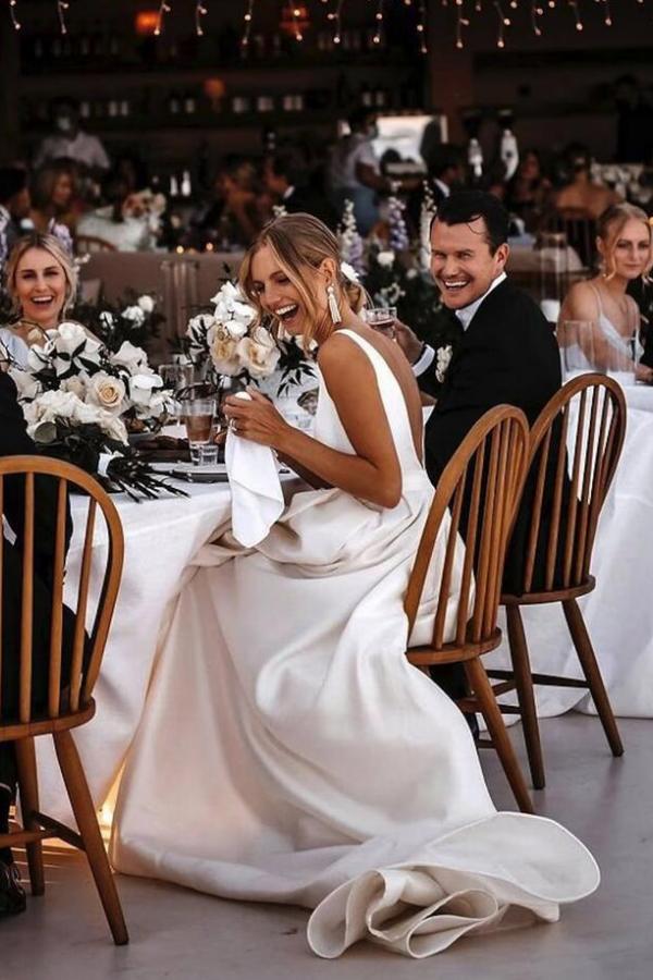 Elegant Long A-Line V-neck Satin Sleeveless Front Split Wedding Dress with Ribbons