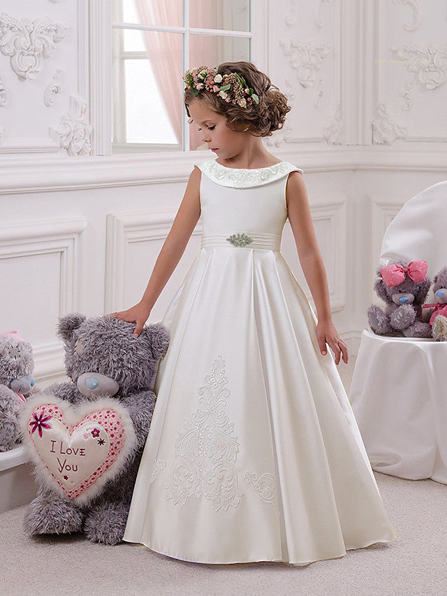 White A-line Satin Flower Girl Dresses Long Christmas Dresses