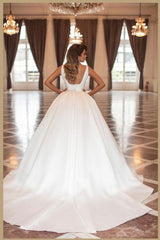 Simpe White Long Square Straps Satin Ball Gown Wedding Dress