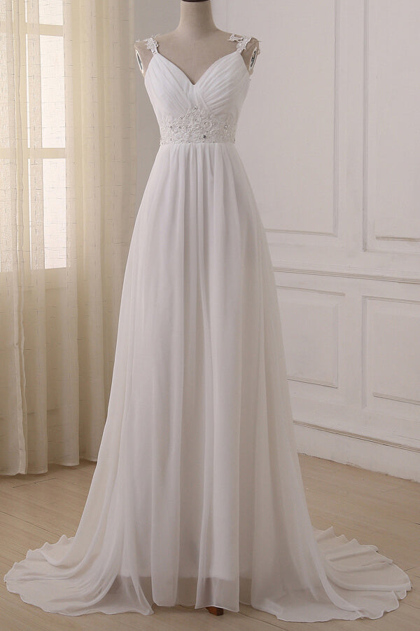 Elegant Long A-line Ruffle V-neck Chiffon Wedding Dress