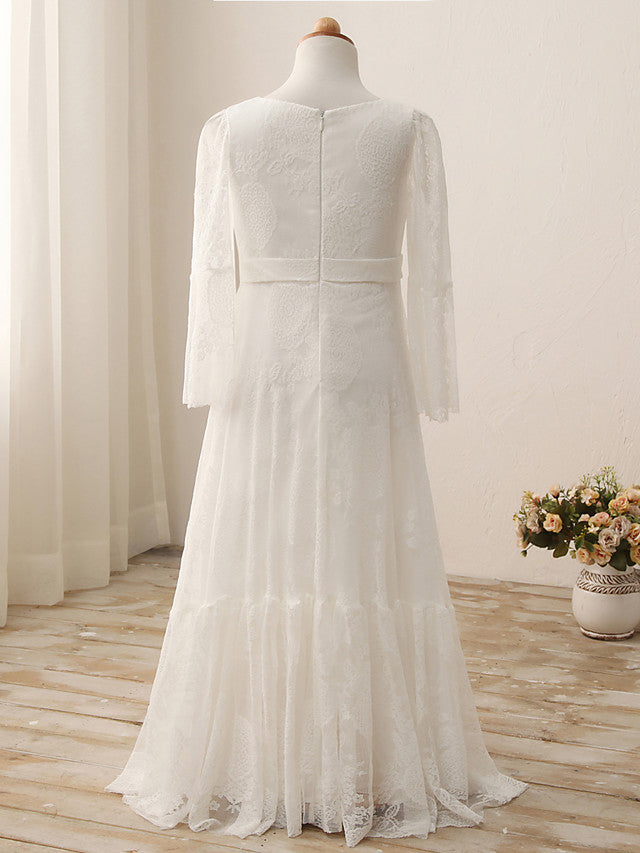 Long A-line V-neck Tulle Lace Flower Girl Dresses with Sleeves