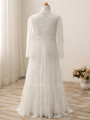 Long A-line V-neck Tulle Lace Flower Girl Dresses with Sleeves