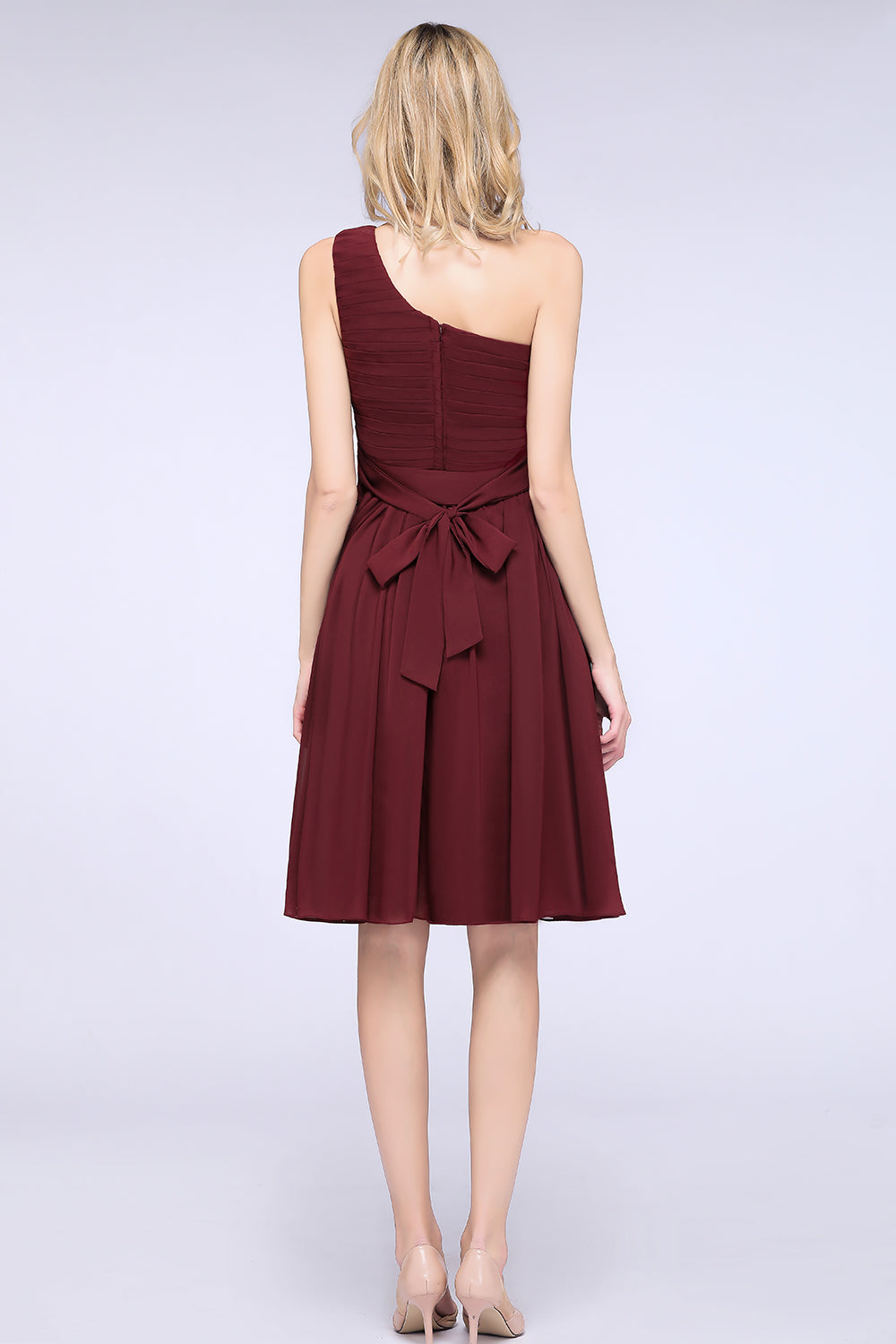 A-Line Chiffon One Shoulder Sleeveless Knee-Length Bridesmaid Dress with Ruffles