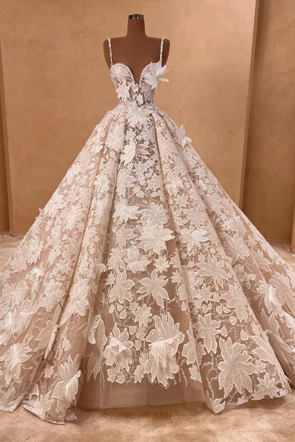 Flower Spaghetti Straps A Line Tulle Appliques Lace Long Wedding Dress