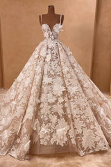 Flower Spaghetti Straps A Line Tulle Appliques Lace Long Wedding Dress