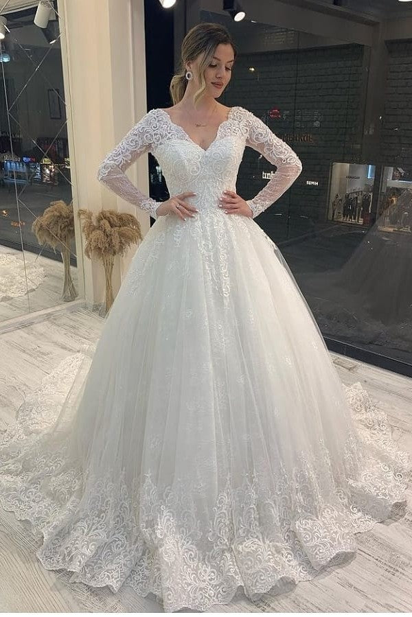 Classy Long Sleeve V-neck Appliques Lace Backless Tulle A-Line Wedding Dress
