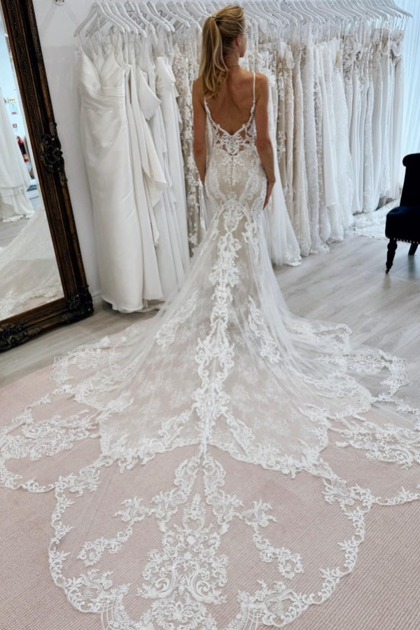 Long Spaghetti Straps Open Back Sweetheart Lace Mermaid Floor Length Wedding Dress