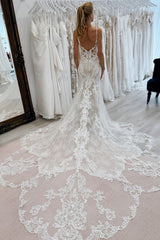 Long Spaghetti Straps Open Back Sweetheart Lace Mermaid Floor Length Wedding Dress