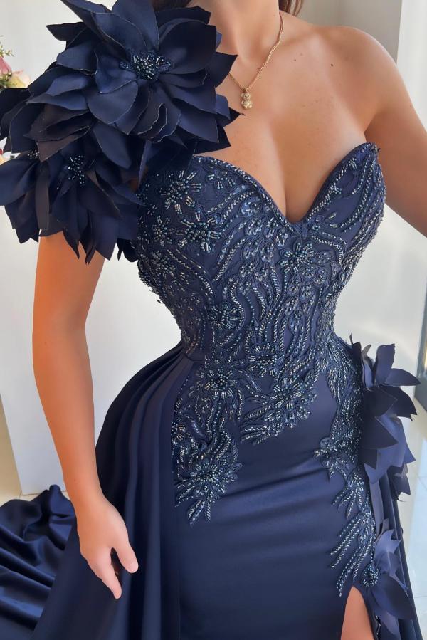 Dark Navy Long One Shoulder Sweetheart Mermaid Split Front Prom Dress