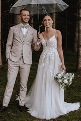 A-line Spaghetti Straps Backless Long Tulle Appliques Lace Wedding Dress