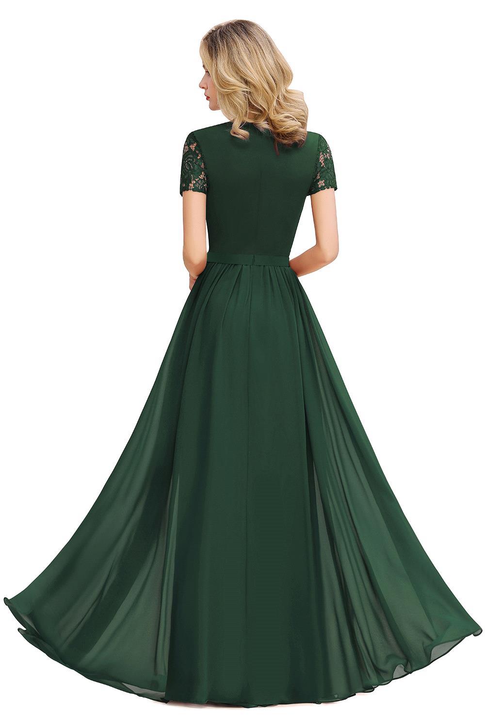 Burgundy Long A-line Chiffon Lace Formal Evening Dresses with Sleeves