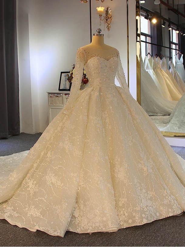 Shinny Long Sleeves Lace-Up Ball Gown Tulle Wedding Dresses