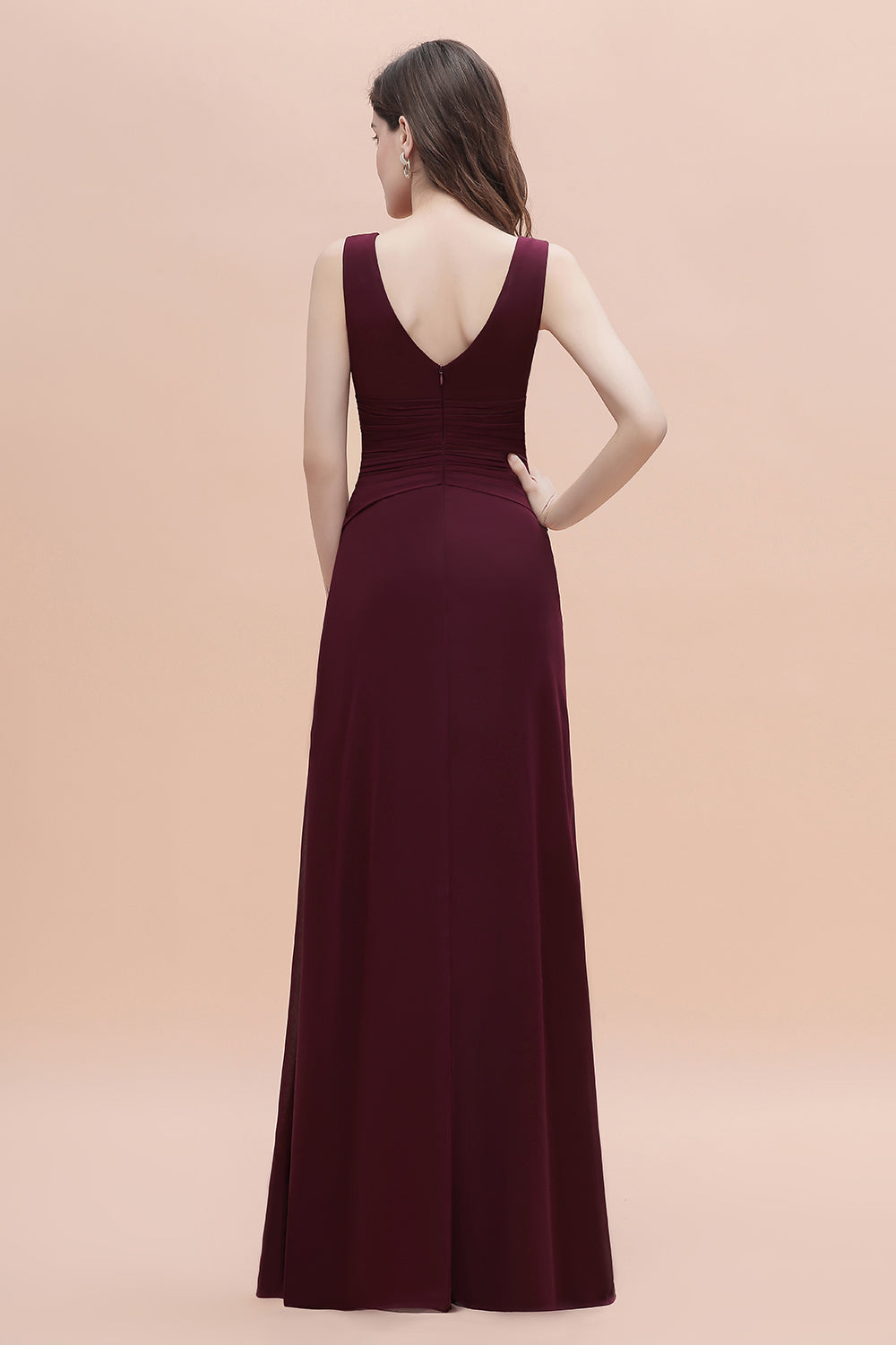Long A-Line Backless Ruched Chiffon Burgundy Wedding Guest Dresses With Split