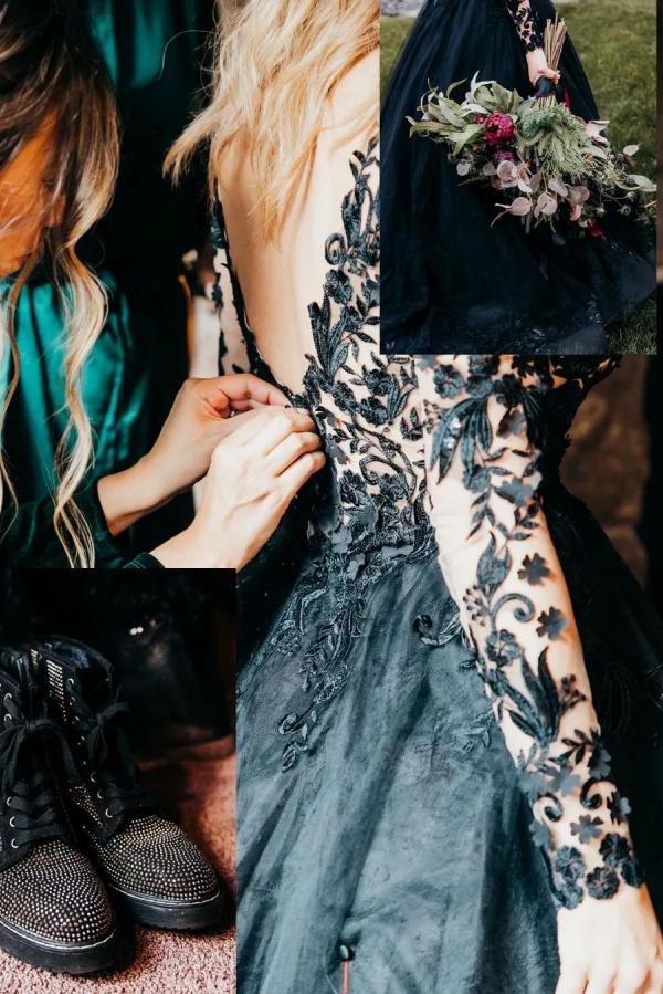 Elegant Black Long A-line V-neck Tulle Lace Wedding Dresses with Sleeves