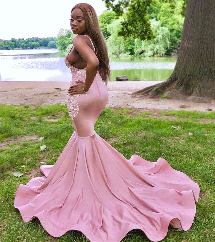 Chic Long Satin Spaghetti Straps Lace Mermaid Plue Size Prom Dress