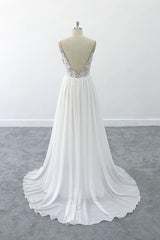 Elegant Long V-neck Lace Chiffon A-line Open Back Wedding Dress