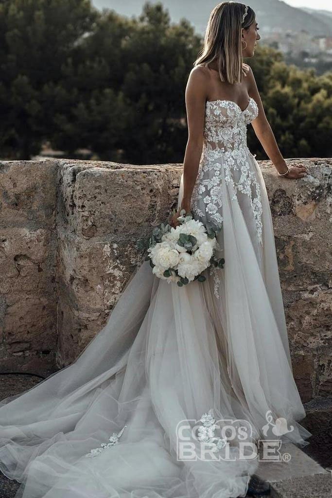 Boho Long A-line Sweetheart Tulle Appliques Lace Wedding Dress