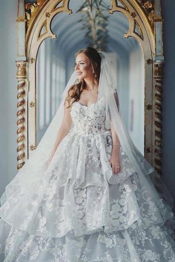 Modest Long Ball Gown Sweetheart Tulle Lace Wedding Dress