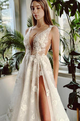 Long V Neck Open Back Tulle Front Slit Wedding Dress with Appliques Lace