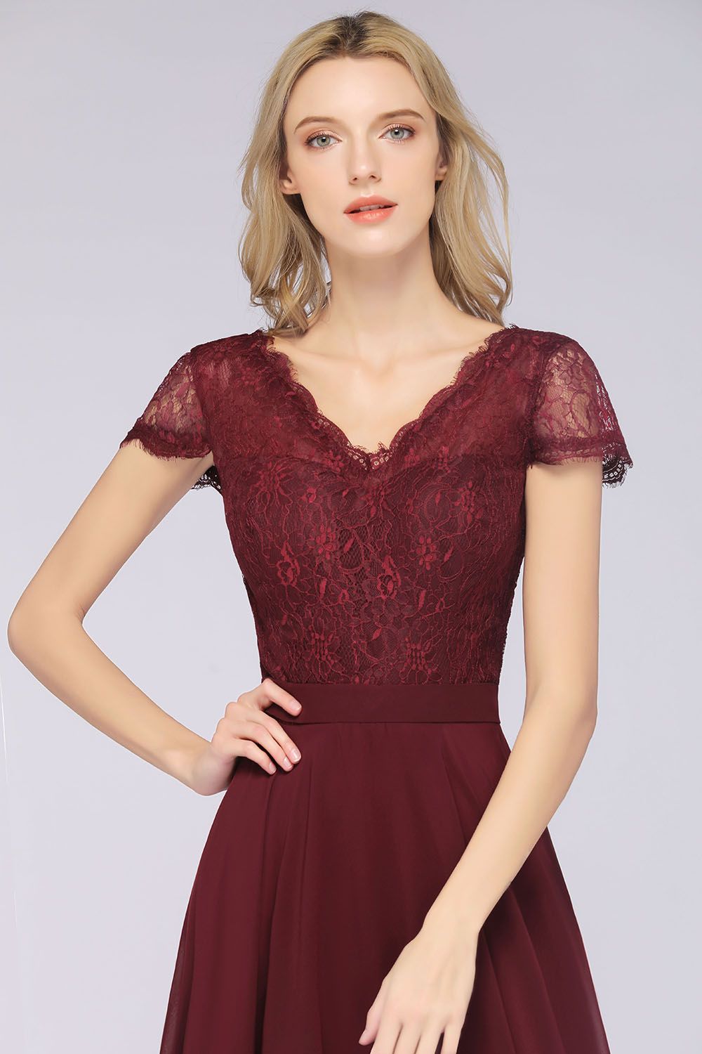 A-Line Chiffon Lace V-Neck Cap-Sleeves Floor Length Bridesmaid Dress