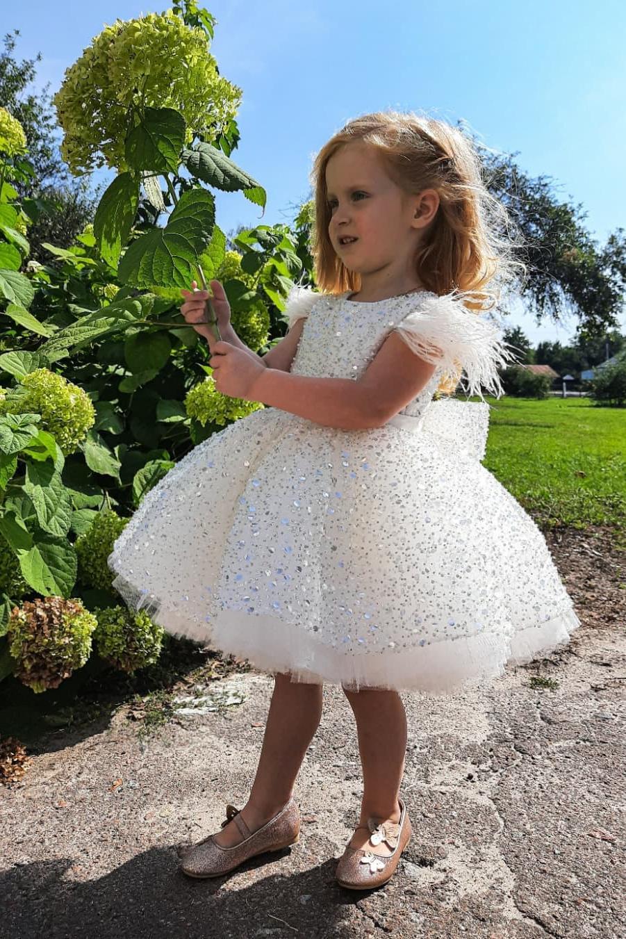 A-line White Glitter Sequins Short Flower Girl Dress with Bow and Feather