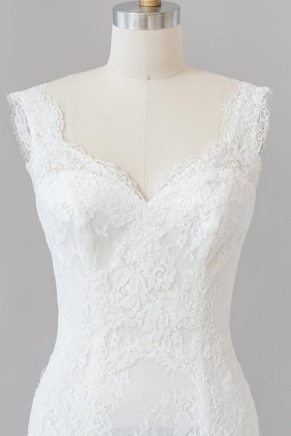 Elegant Long Sweetheart Lace Mermaid White Wedding Dress
