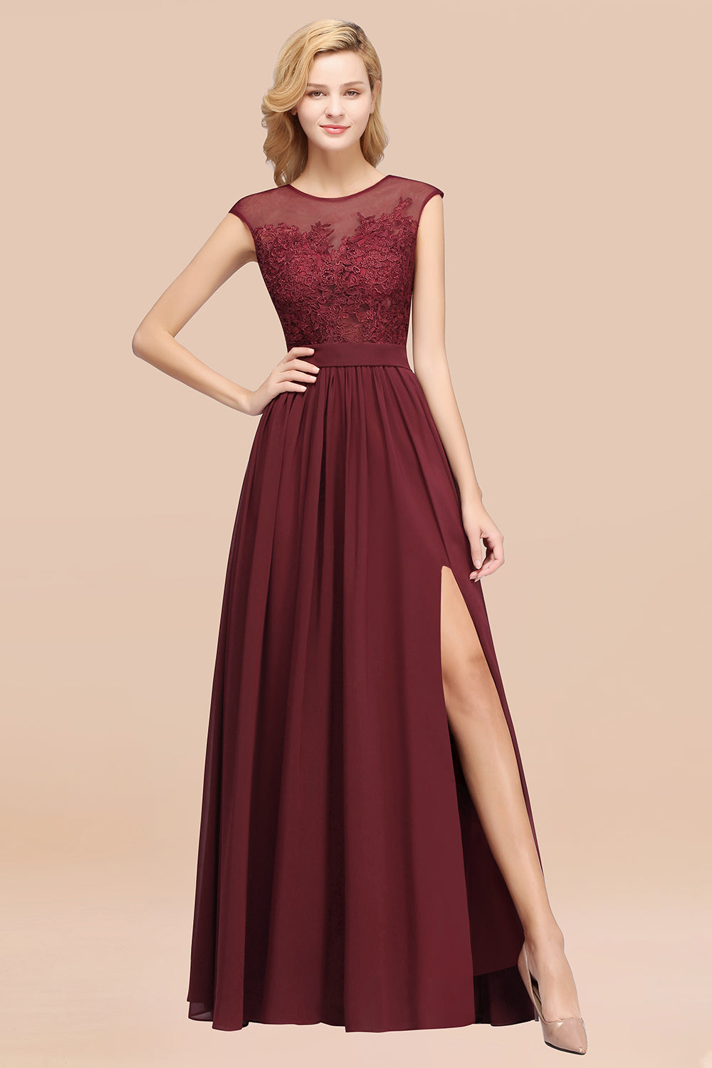 A-line Chiffon Lace Jewel Sleeveless Floor Length Bridesmaid Dresses with Appliques