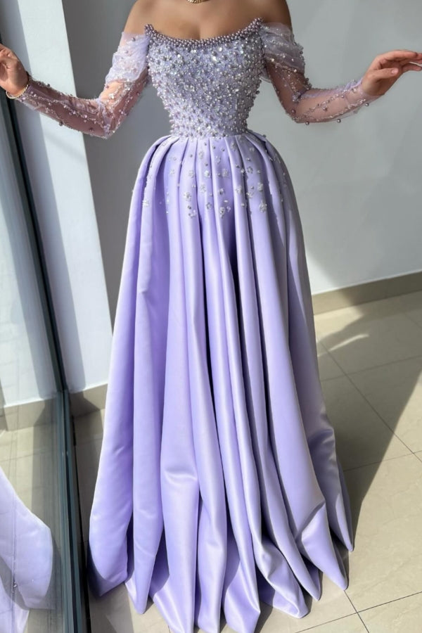 A-line Strapless Long Satin Formal Prom Dress with Sleeves