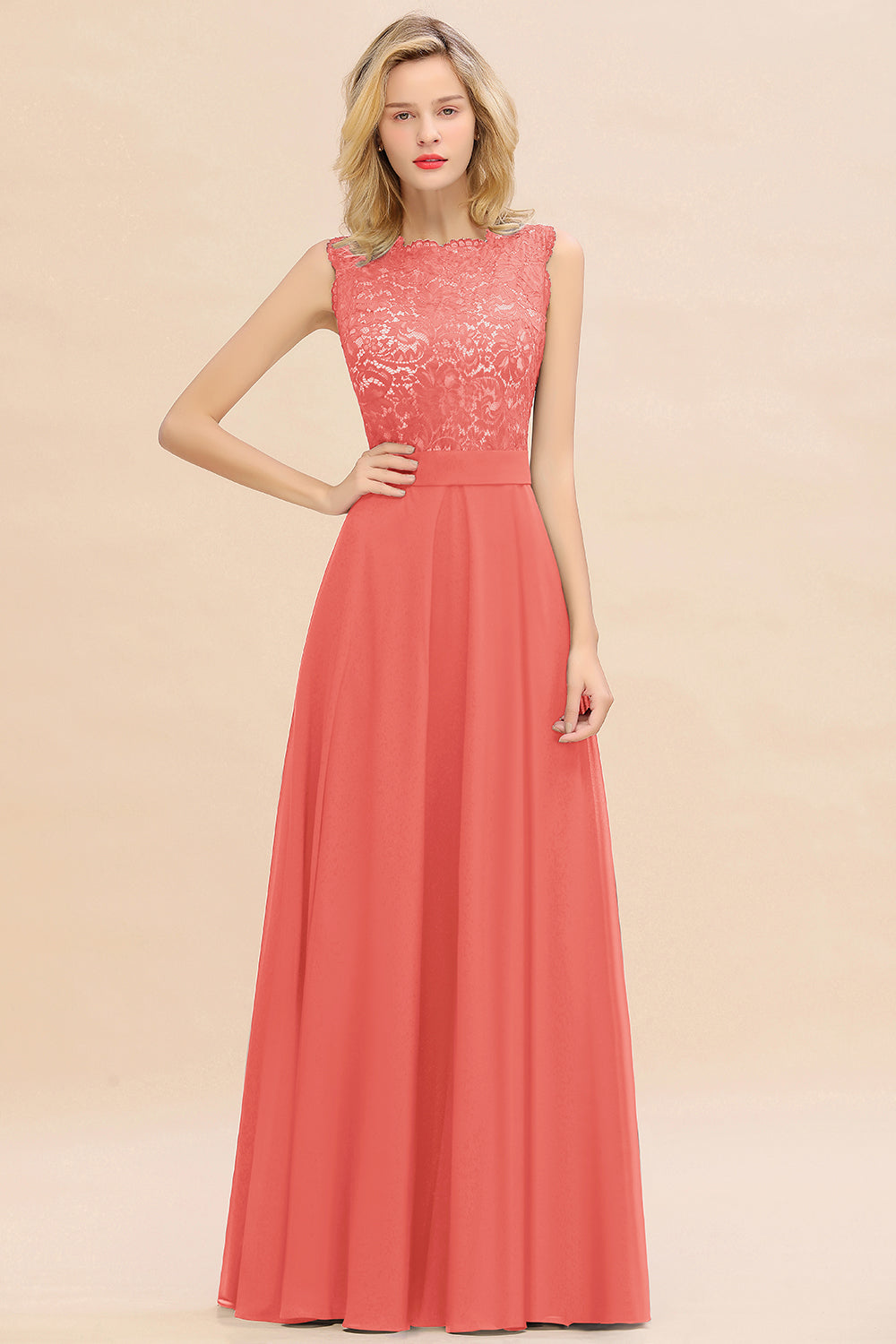 Long A-line Chiffon Lace Sleeveless Bridesmaid Dresses