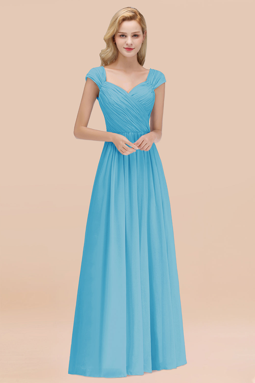 A-Line Chiffon Straps Sweetheart Sleeveless Floor Length Bridesmaid Dress with Ruffles