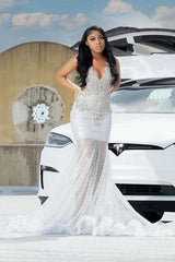 Long Sparkle V-Neck Mermaid Tulle Beaded Prom Dress