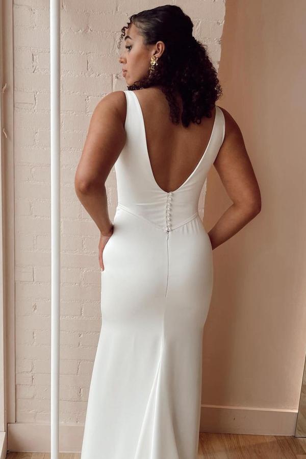 Long Mermaid Square Neck Sleeveless Satin Backless Wedding Dresses with Slit
