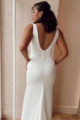 Long Mermaid Square Neck Sleeveless Satin Backless Wedding Dresses with Slit