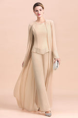 Two Pieces Champagne Long Sleeve Chiffon Mother of the Bride Dress With Jacket