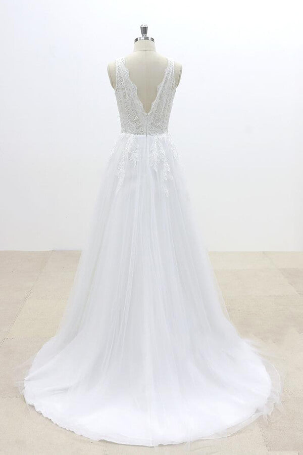 Long Ruffle V-neck Appliques Tulle A-line Wedding Dress