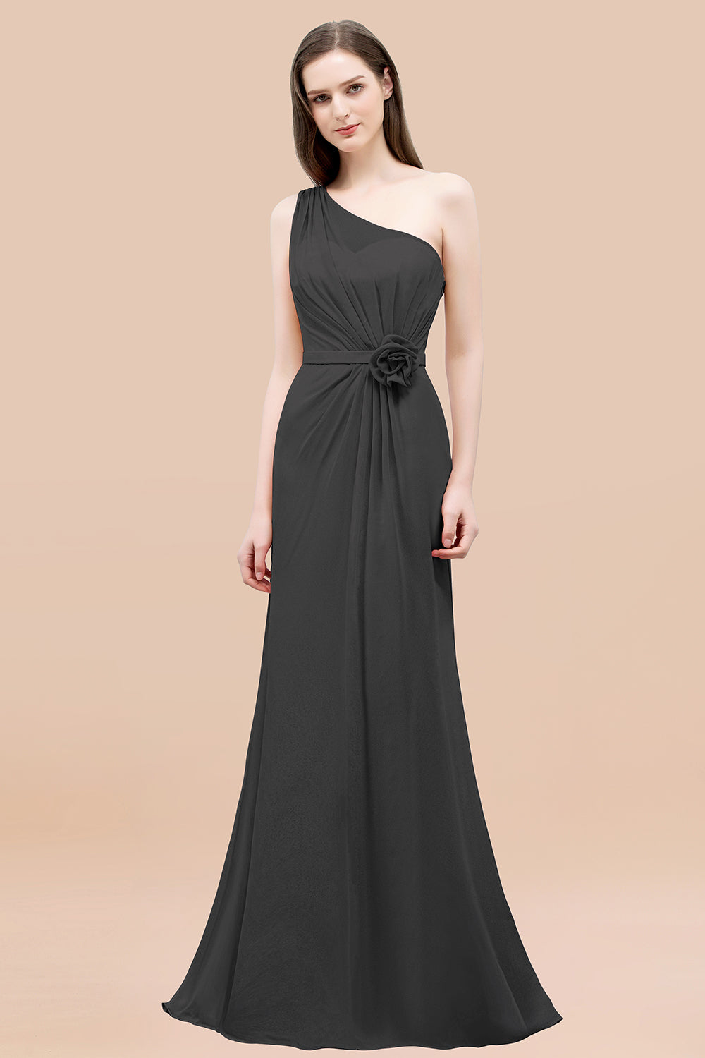 Mermaid Chiffon One Shoulder Sleeveless Ruffled Floor Length Bridesmaid Dresses with Flower
