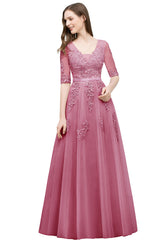 Long V-neck Tulle Lace A-line Evening Dress with Sleeves