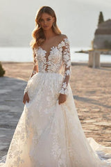 Elegant Long A-line V-neck Tulle Floral Lace Backless Wedding Dresses with Sleeves