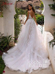 Boho Long A-line Spaghetti Strap Backless Tulle Lace Wedding Dresses