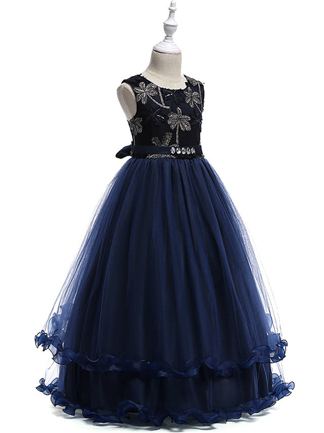 Burgundy Long A-line Tulle Sleeveless Jewel Neck Flower Girl Dresses
