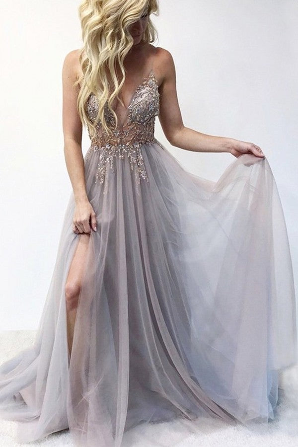 Long V-neck Tulle Beaded A-line Prom Dress with Slit