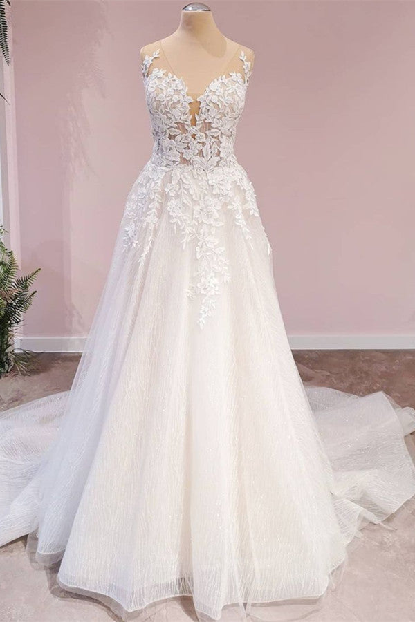 Long A-Line Appliques Lace Tulle Backless Sweetheart Floor Length Wedding Dress