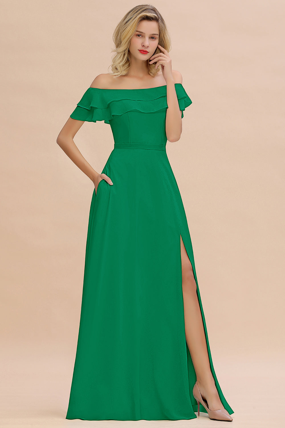 Off the Shoulder Front Slit Mint Green Long Bridesmaid Dress