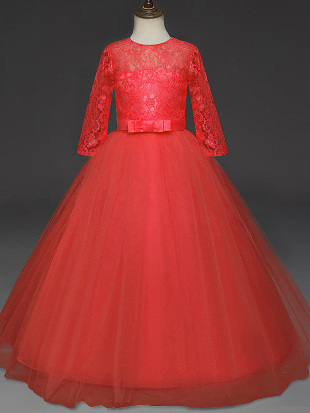 Long Ball Gown Tulle Lace Jewel Neck Flower Girl Dresses with Half Sleeve