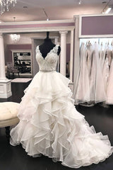 White A-line Long Ruffles Lace V Neck Beaded Wedding Dress