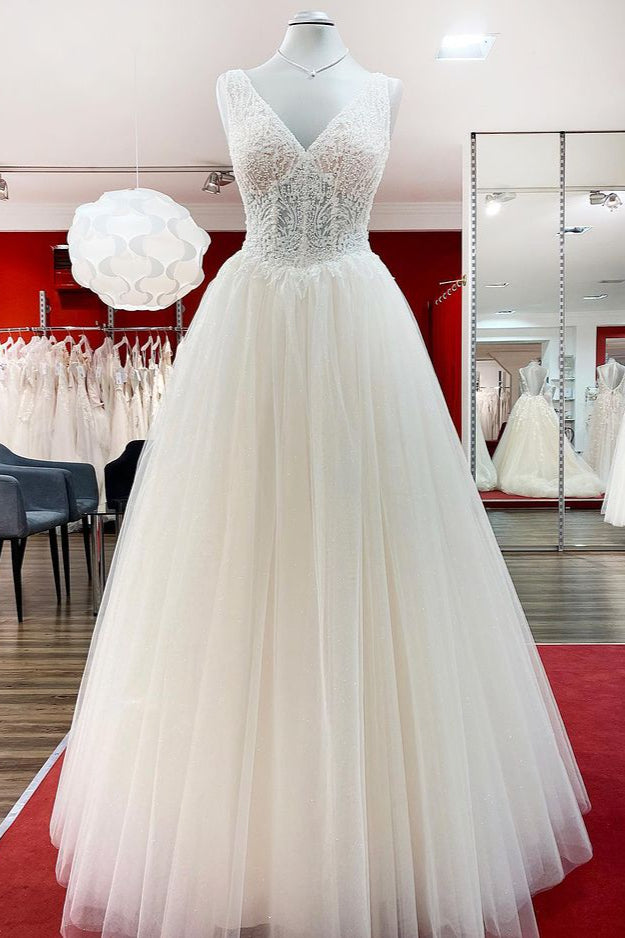 Unique Long A-line V-neck Tulle Lace Ruffles Ivory Wedding Dress