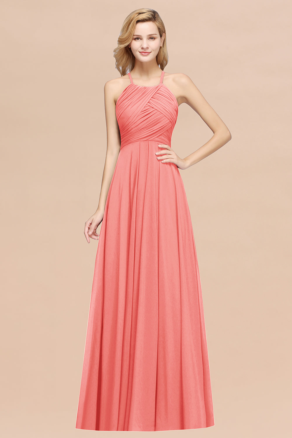 A-Line Chiffon Halter Ruffles Floor Length Bridesmaid Dress