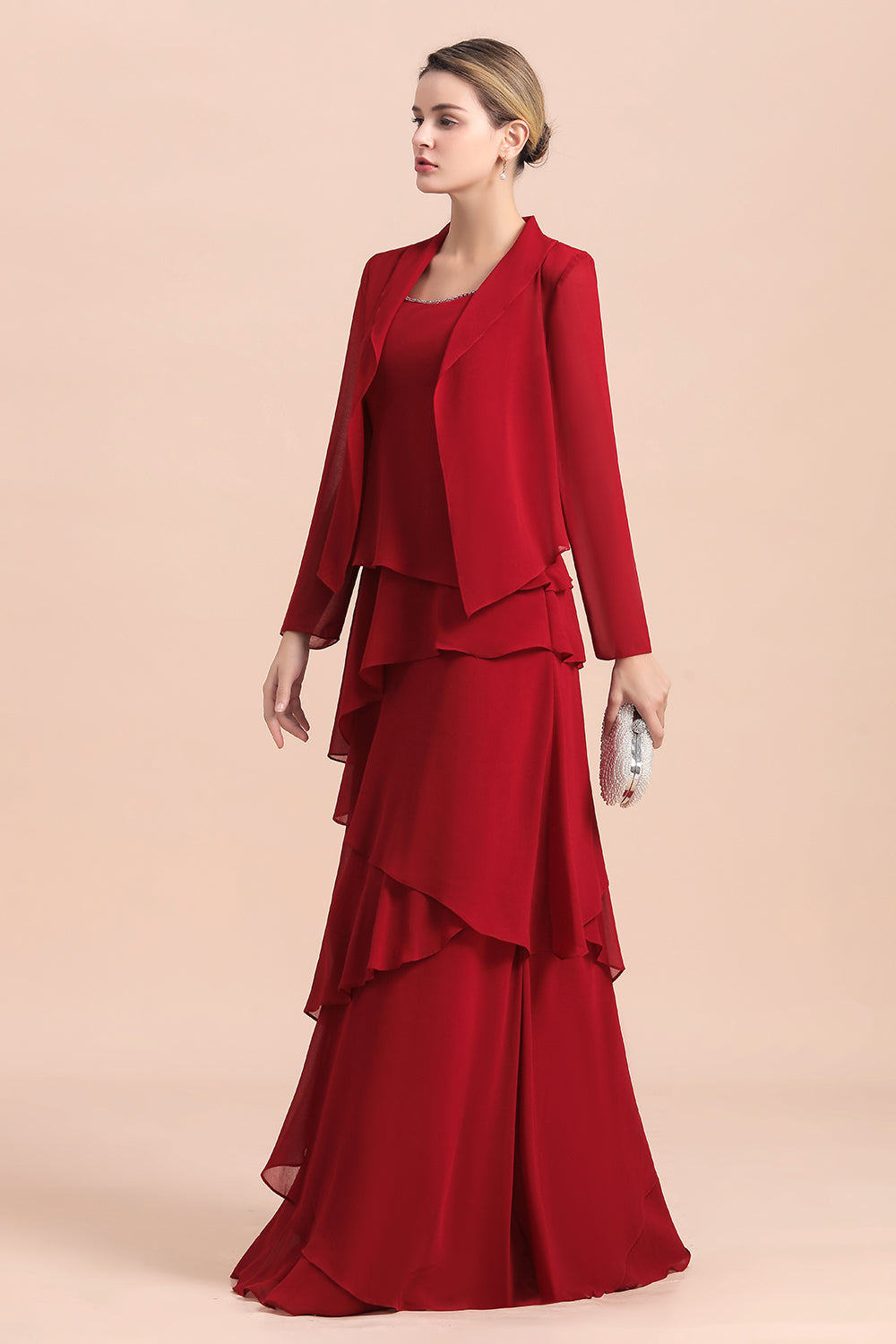 Elegant Burgundy Ruffles Chiffon Mother of the Bride Dress With Jacket