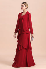 Elegant Burgundy Ruffles Chiffon Mother of the Bride Dress With Jacket